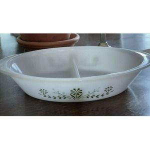 Vintage Glasbake Jennette Green Daisy Divided Oval Serving Baking Dish J2352